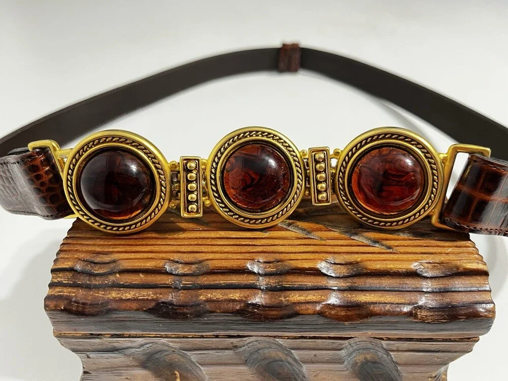 VTG Ben Amun Belt 24K Gold Plated Amber Resin Cabochon Leather Cinch 27